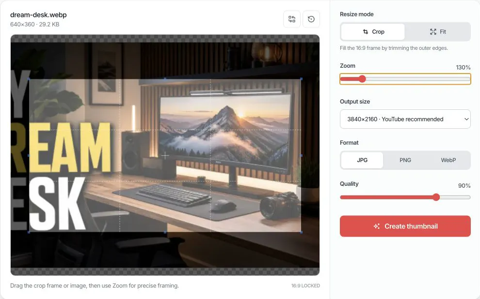 YouTube thumbnail cropper with 16:9 frame, zoom, size, format, and quality controls