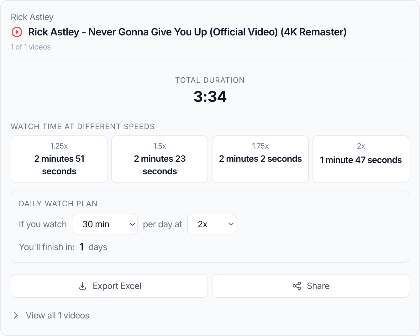 The playlist calculator result showing total duration, watch time at different speeds, and planning outputs
