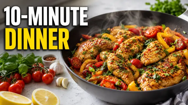 Cooking video thumbnail reading 10-Minute Dinner