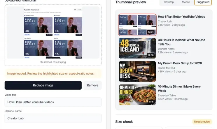 Suggested videos preview with an uploaded thumbnail and comparison videos