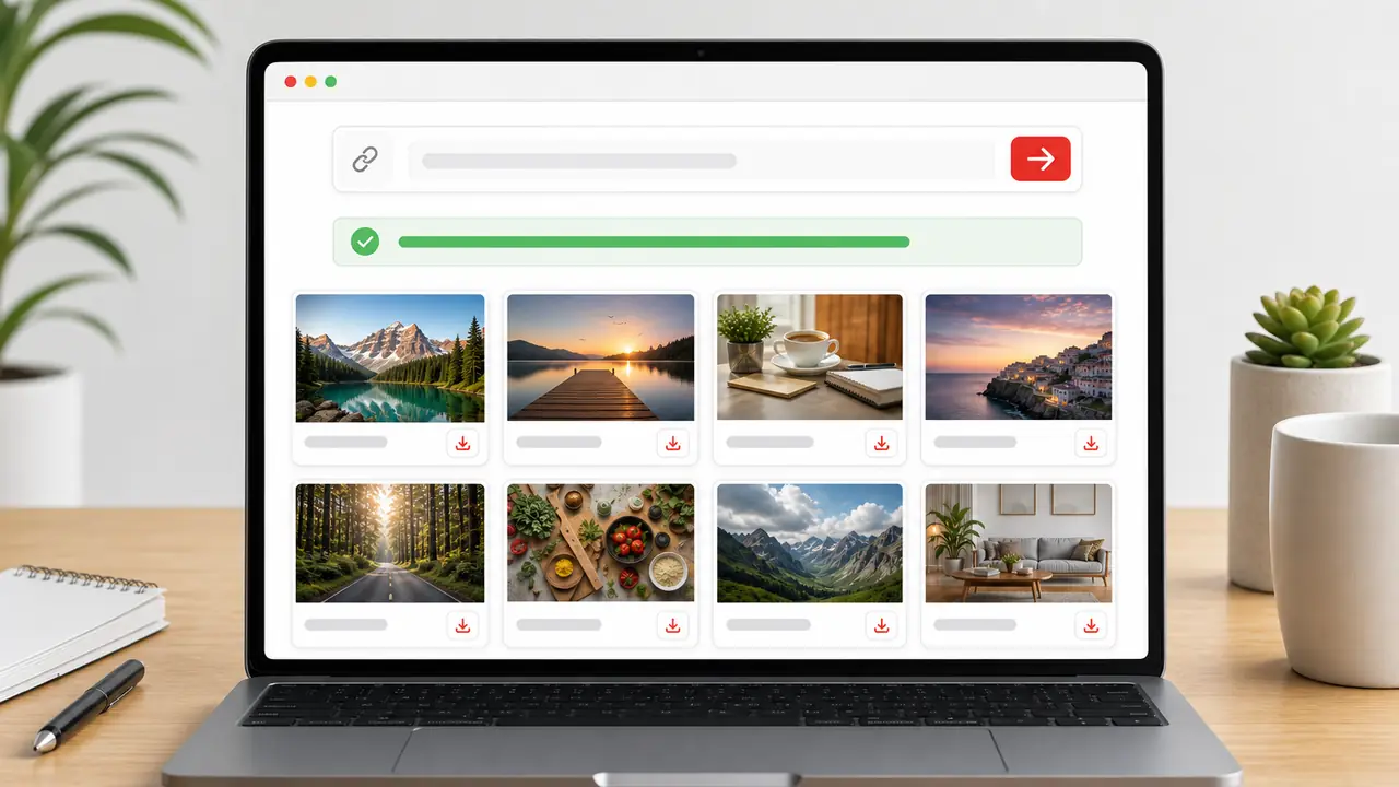 A thumbnail downloader interface showing a pasted link area and downloadable thumbnail preview cards