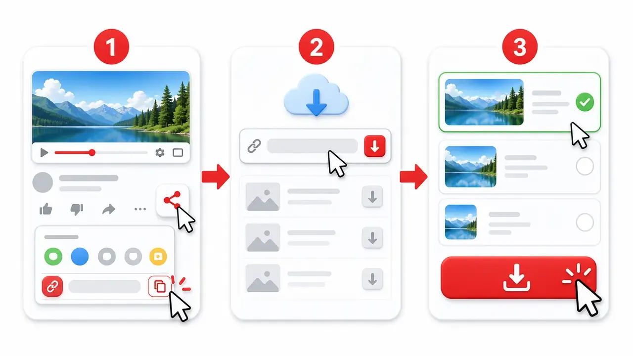 YouTube thumbnail downloader workflow showing paste, compare, and download steps