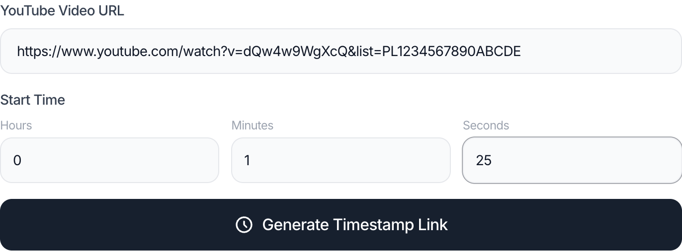 The timestamp generator result showing a timestamped link and ready-to-share text