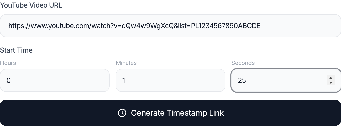 The timestamp generator form filled with a YouTube URL and a target time