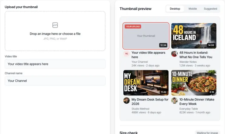 Empty YouTube thumbnail upload area beside the desktop preview