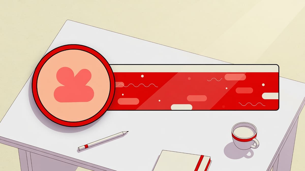 Desk scene with a round YouTube channel avatar beside a wide banner strip ready to save